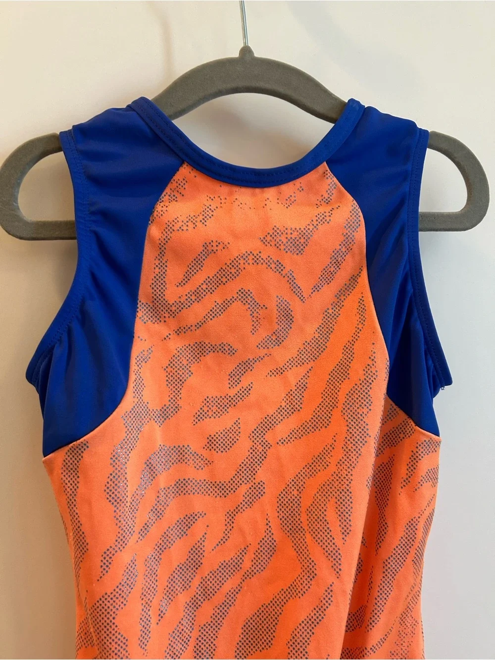 GK Elite Orange & Royal Blue Tiger Print Leotard - CM Child’s Medium